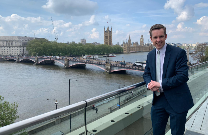 Tom stood with Westminster Palace seen in background